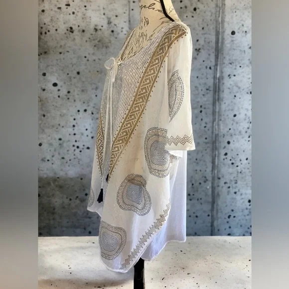 NWT Eya Collection White Tunic Gauzy Coverup, Gold & Blue Mediterranean Print - Picture 8 of 13